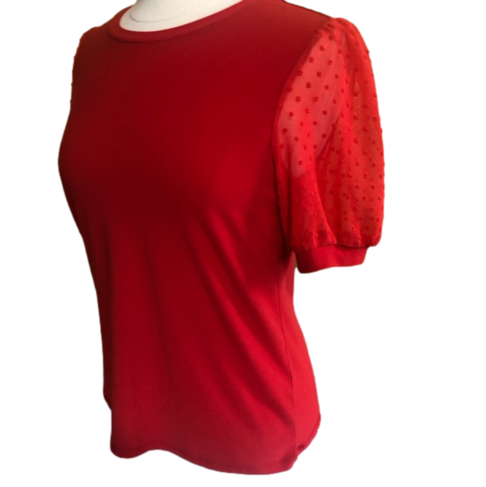 CeCe Orange short puff shear sleeve shirt w/dots on the sleeves Size Medium - Picture 9 of 12